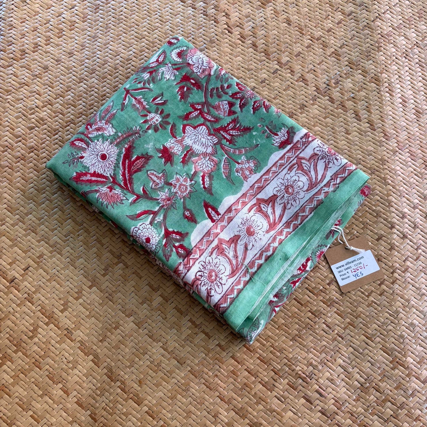 Mul Mul Cotton saree, Hand Block Printed, Green