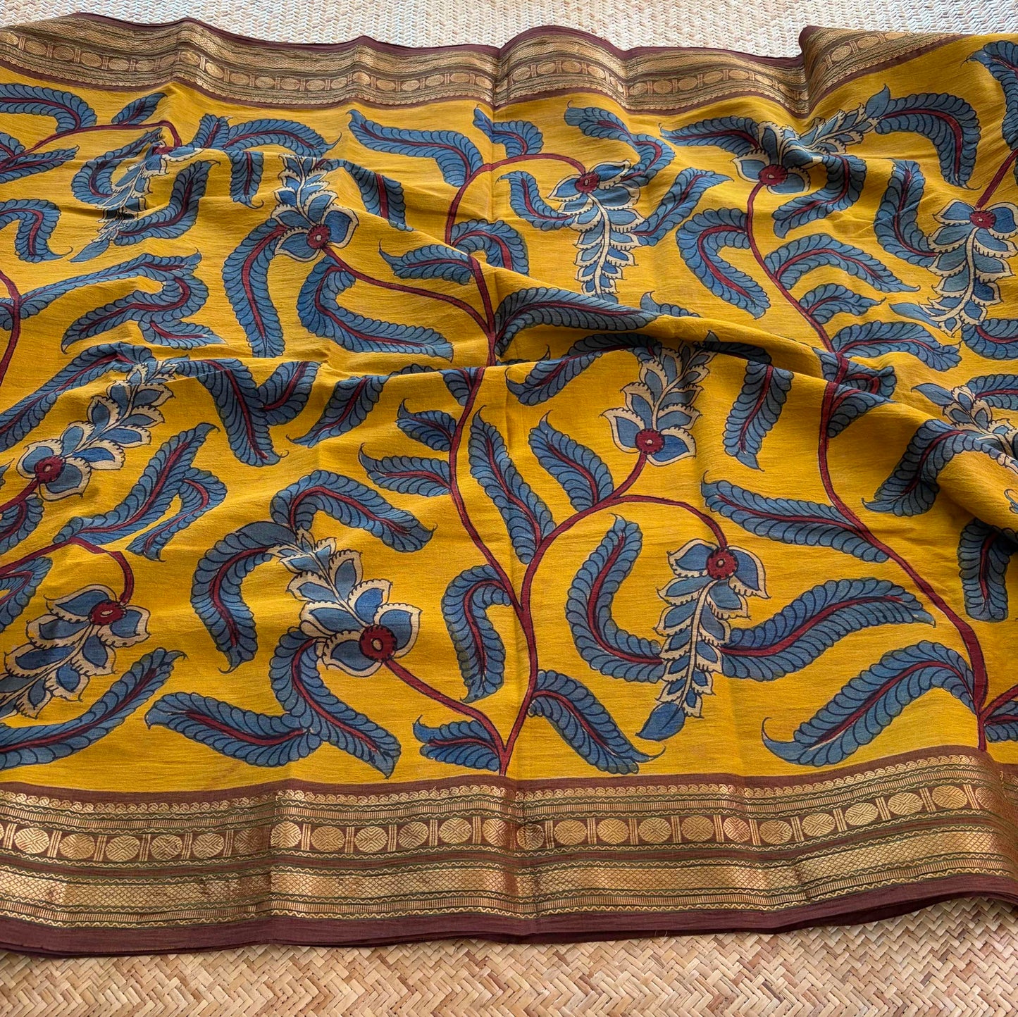 Mustard Kalamkari Hand Painted on Chettinad Cotton saree