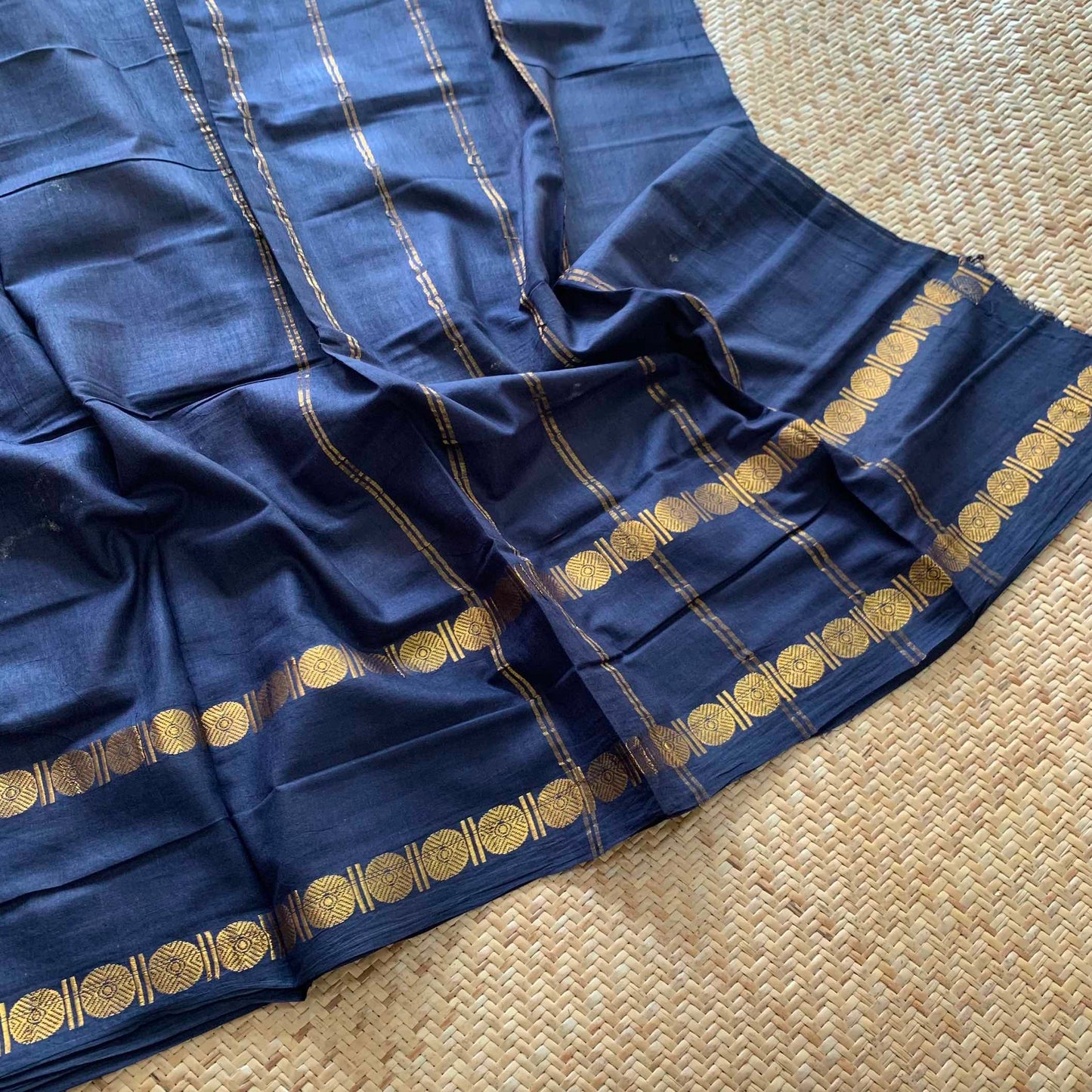 Black Saree With Ajrak Blouse , Zari Rudraksham Rettai Pettu Border , Clamp dyed (Kattu sayam).