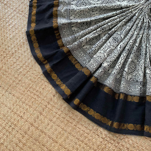 Monochrome, Ajrak Hand Block Printed On Madurai Cotton Saree With Zari