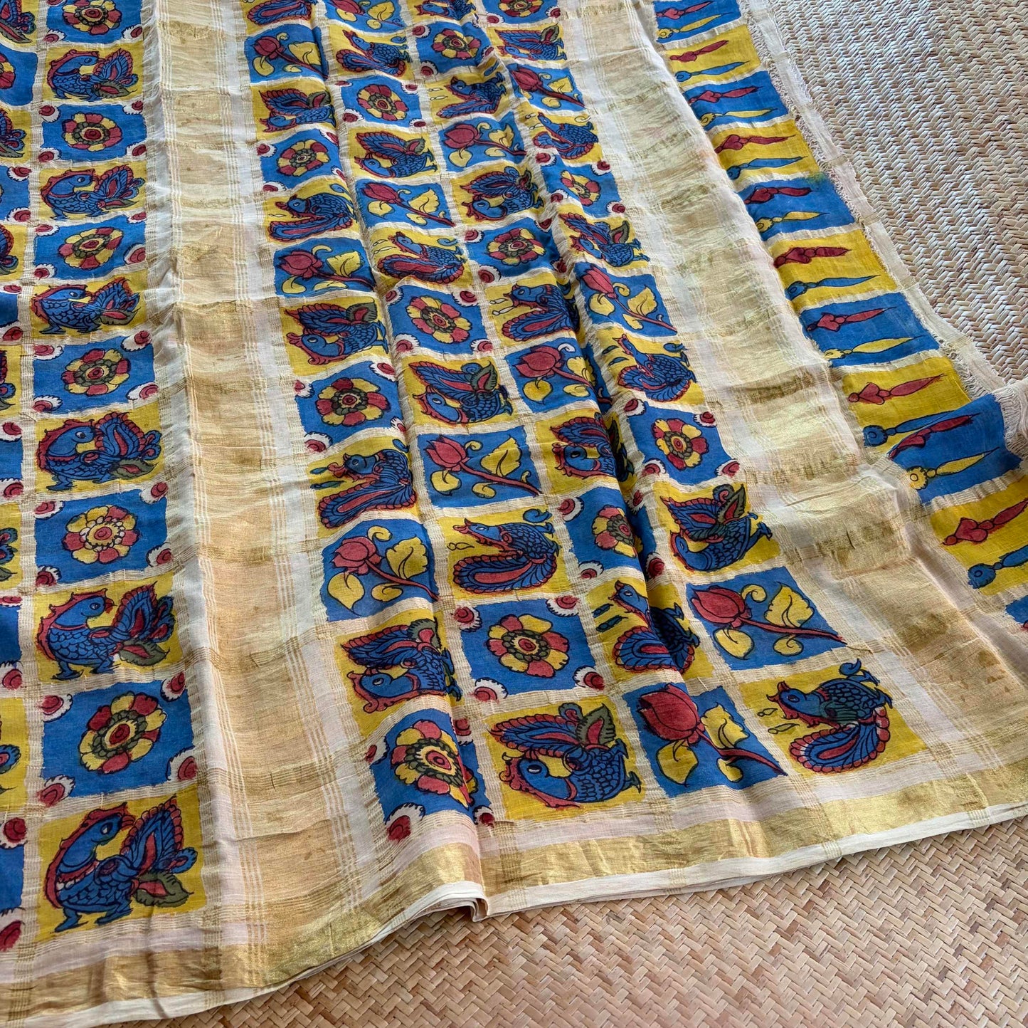 Peacock, Kalamkari Hand Painted on a Madurai Velthari Sungudi Cotton saree.