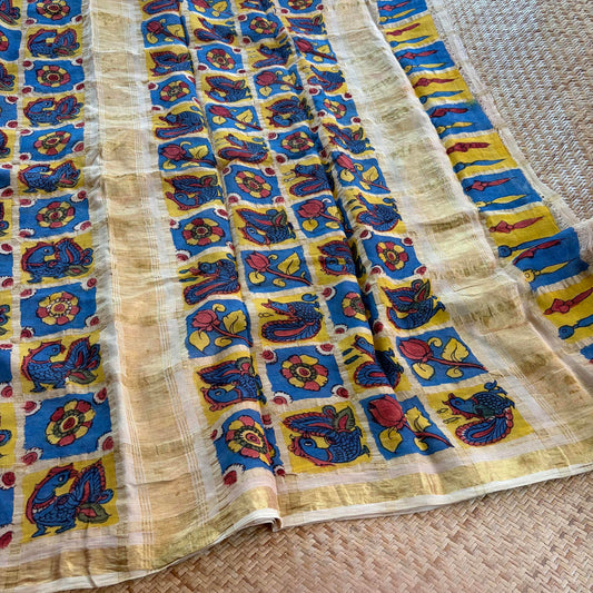 Peacock, Kalamkari Hand Painted on a Madurai Velthari Sungudi Cotton saree.