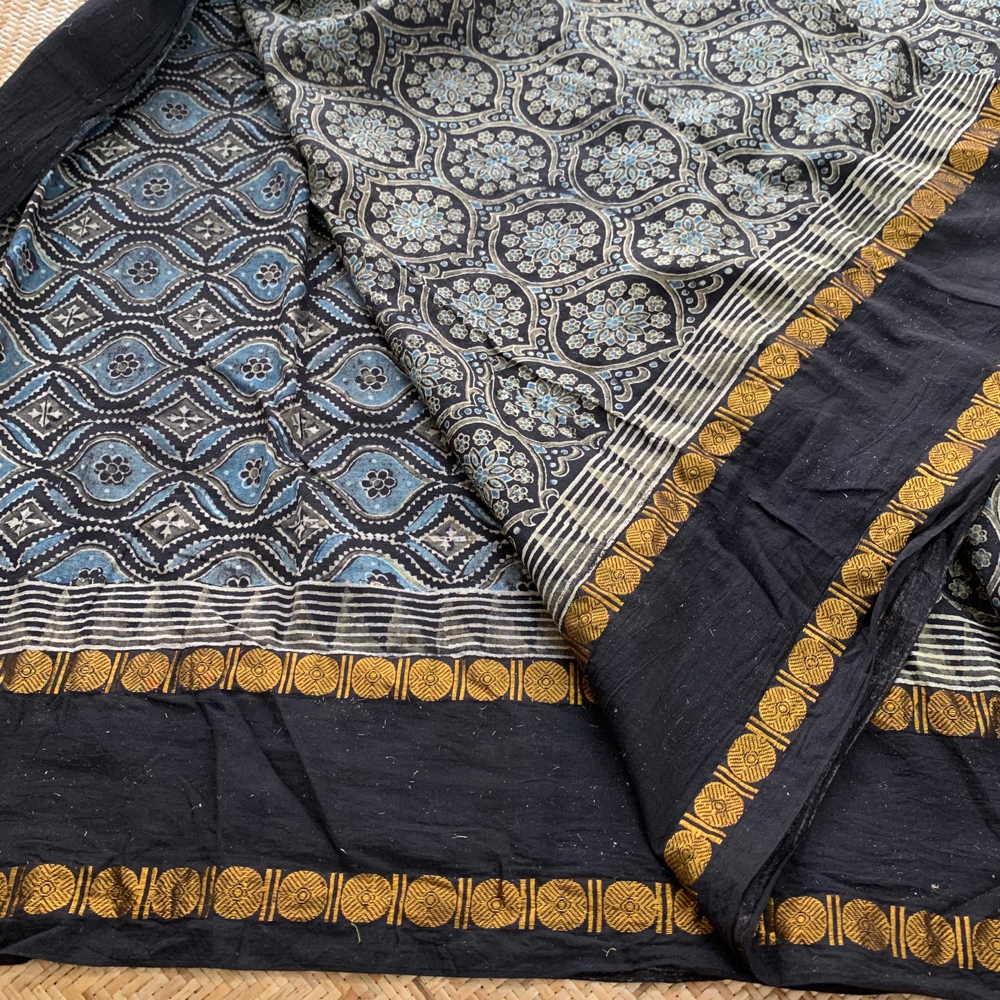 Patterned Flowers-Charcoal , Ajrak Hand Block Printed On Madurai Cotton Saree With Zari