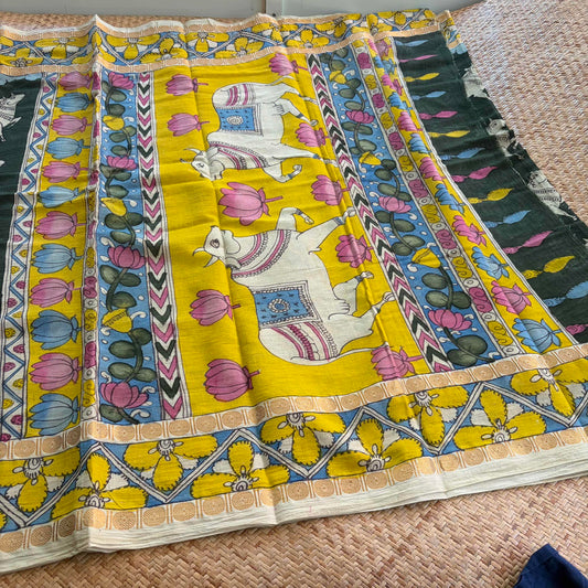 Bull Kalamkari Hand Painted on Cotton Sungudi Saree With Blouse