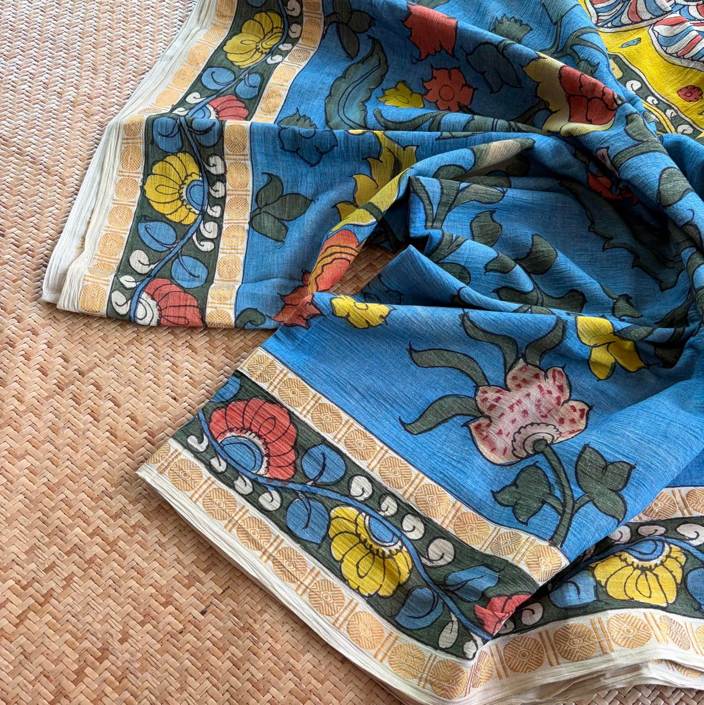 Blue, Kalamkari Hand Painted on Cotton Sungudi Saree With Blouse