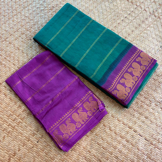 Green saree with Purple Border, Zari Velthari Madurai Sungadi Saree with blouse