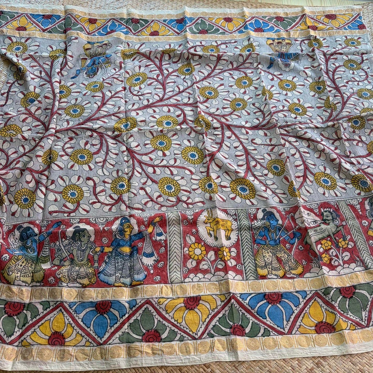Grey Floral, Kalamkari Hand Painted on a Madurai Sungudi Cotton 1.20 METER FABRIC