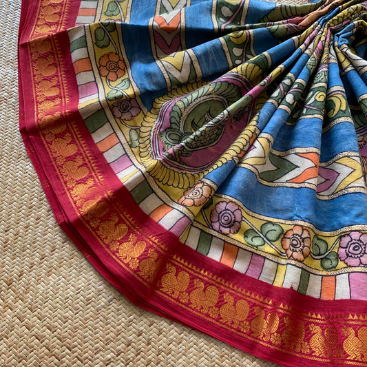 Multicoloured Kalamkari Hand Painted on a Madurai Velthari Sungudi Cotton saree.