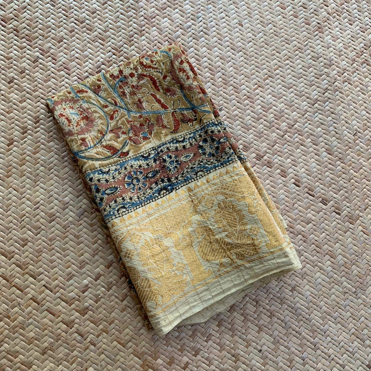 Brown Saree with kalamkari Blouse piece, Zari Annam Rettai Pettu Border , Clamp dyed (Kattu sayam).