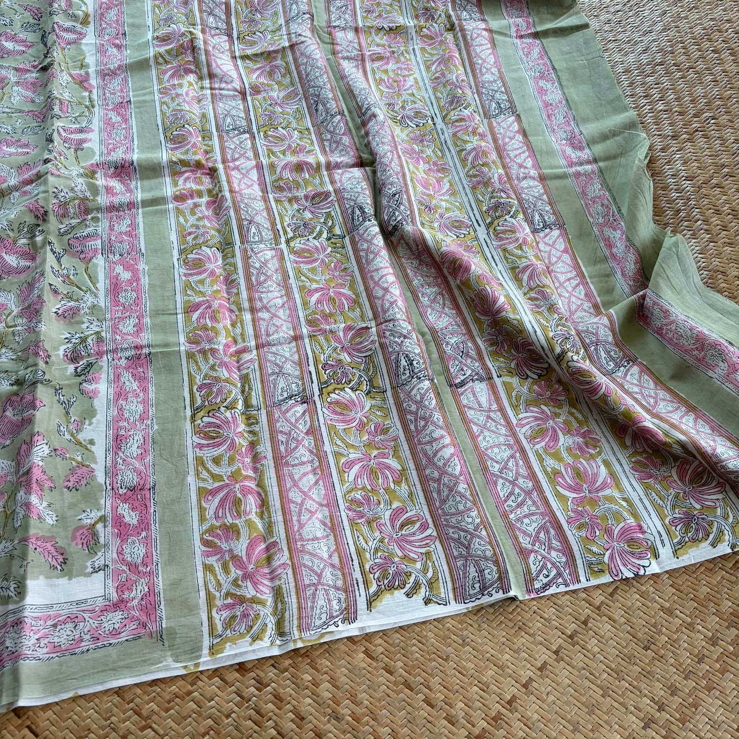 Mul Mul Cotton saree, Hand Block Printed, Pastel Green