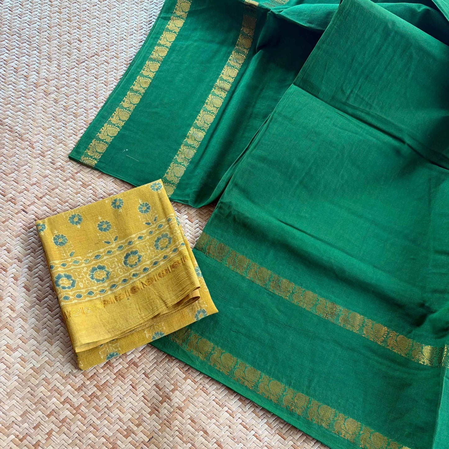 Green Saree With Ajrak Blouse , Zari Rudraksham Rettai Pettu Border , Clamp dyed (Kattu sayam)