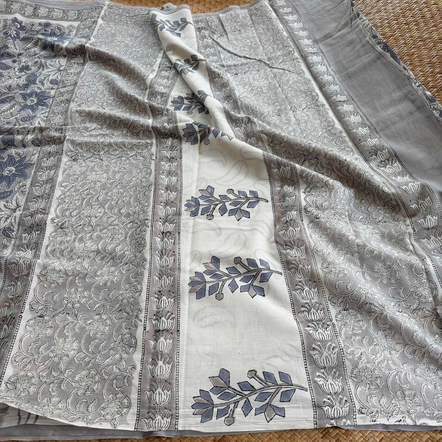 Mul Mul Cotton saree, Hand Block Printed, Grey