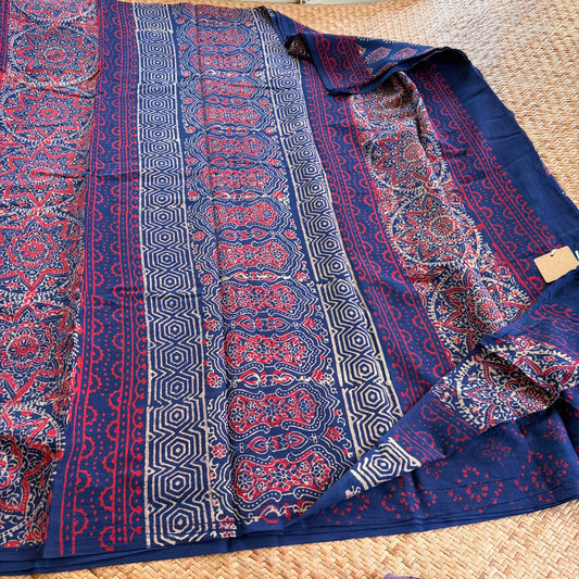 Mul Mul Cotton saree, Hand Block Printed, Blue