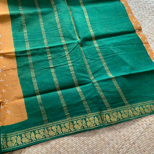 Mustard With Green Wax Print, Half Fine Zari Premium Sungudi Cotton Sarees