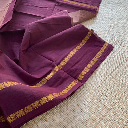 Chocolate Brown Saree With Beetle Nut Brown Border, Zari Annam Rettai Pettu Border , Clamp dyed (Kattu sayam).