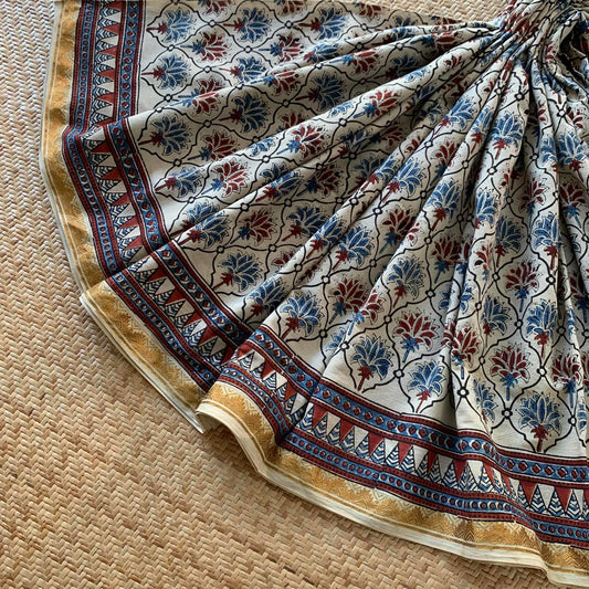 Flower Pattern, Ajrak Hand Block Printed On Madurai Cotton Saree With Zari