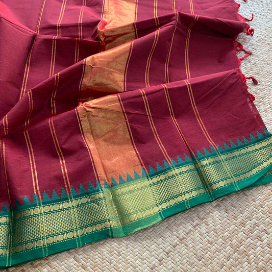 Maroon Saree Green Ganga Jamuna Border, Chettinad cotton saree