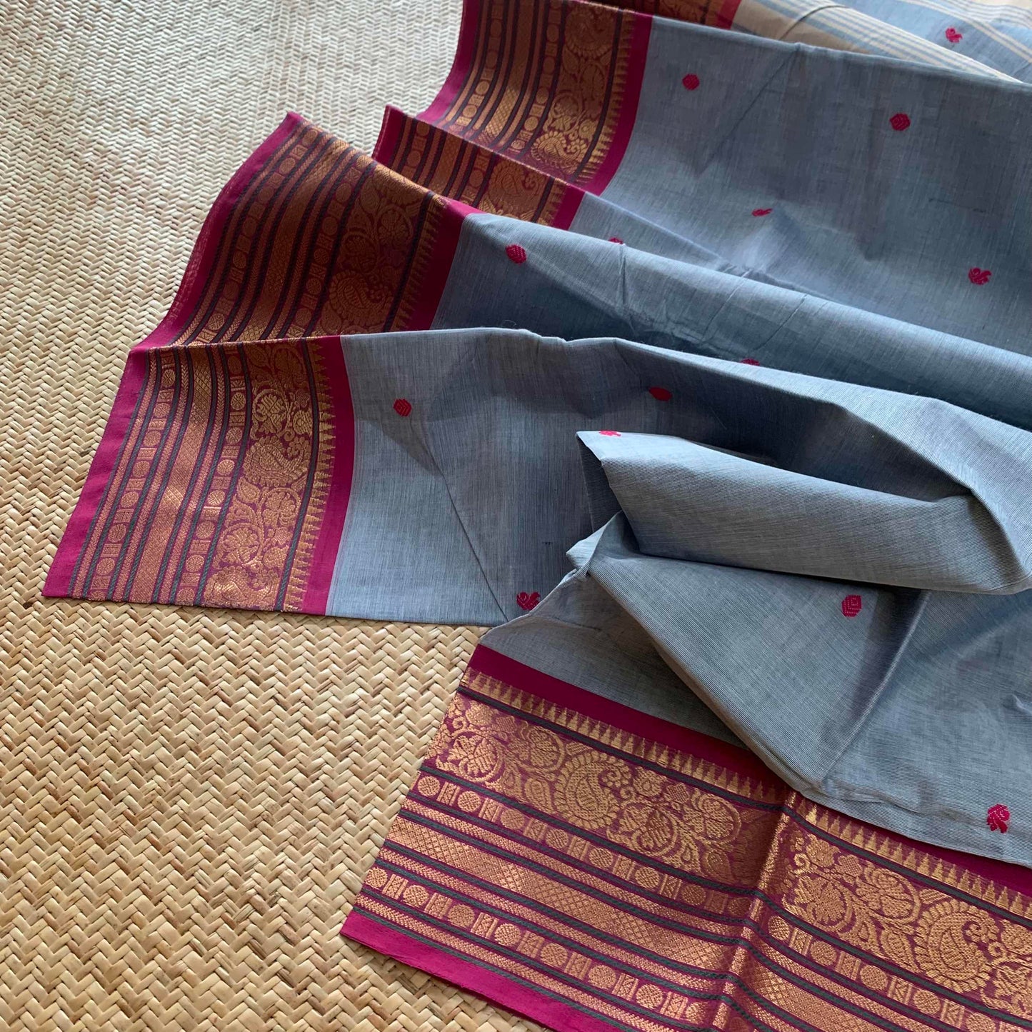 Chettinad Cotton Saree, Grey Saree with Pink Border