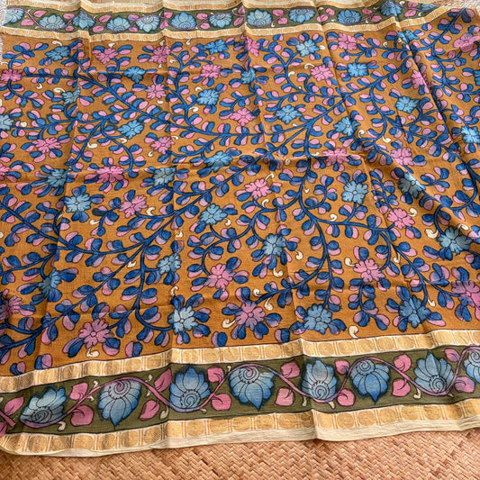 Mustard Floral, Kalamkari Hand Painted on a Madurai Sungudi Cotton 1.20 METER FABRIC