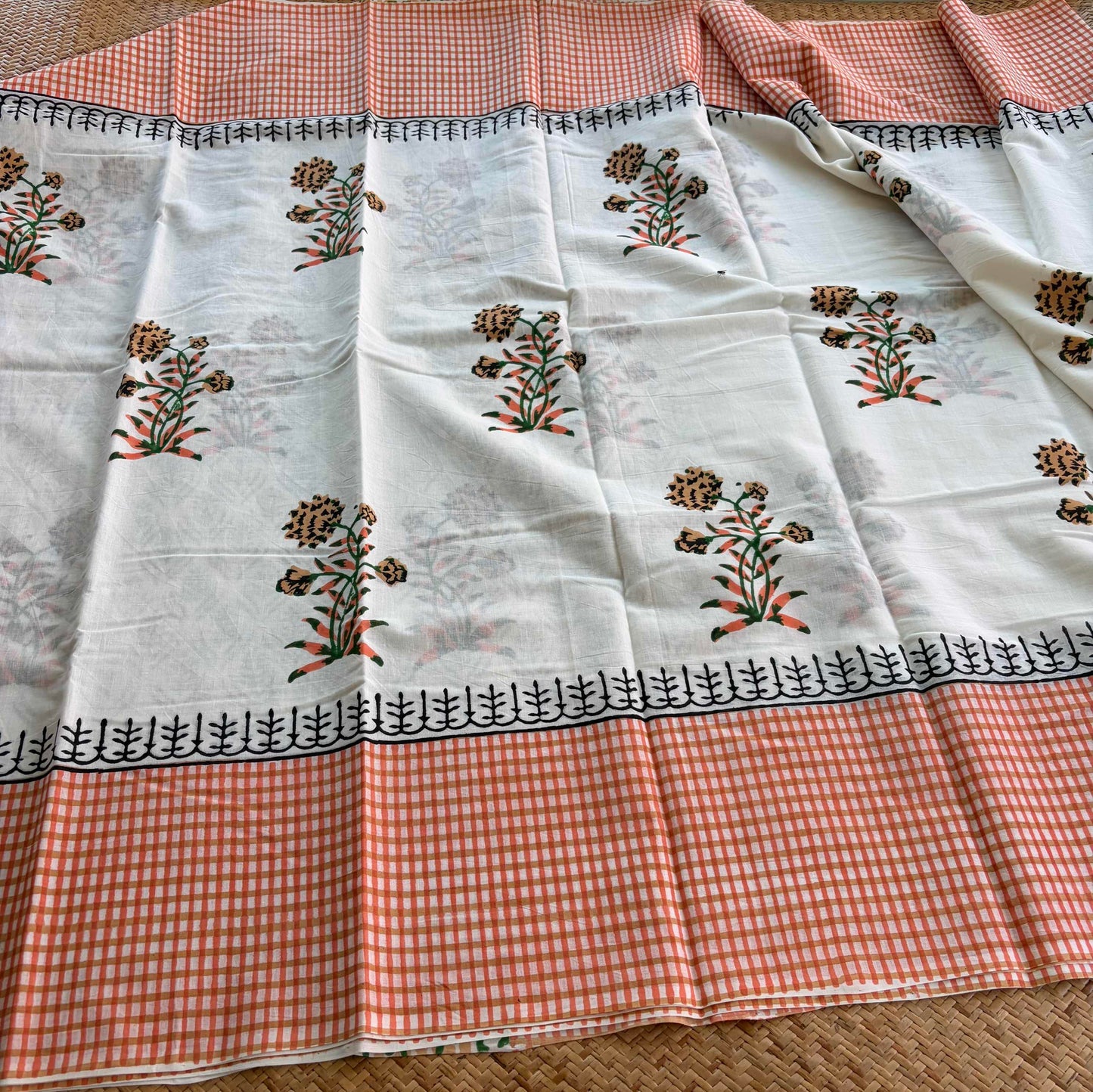 Mul Mul Cotton saree, Hand Block Printed, White