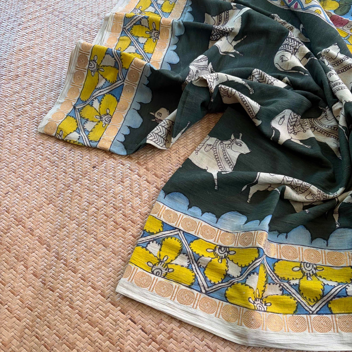 Bull Kalamkari Hand Painted on Cotton Sungudi Saree With Blouse