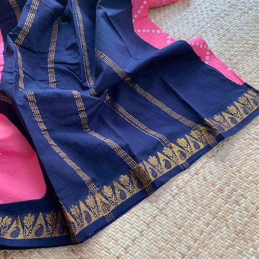 Pink With Navy Blue Saree , Hand knotted Sungudi Cotton saree, Kaikattu Sungadi