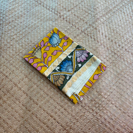 Yellow Floral, Kalamkari Hand Painted on a Madurai Sungudi Cotton 1.20 METER FABRIC