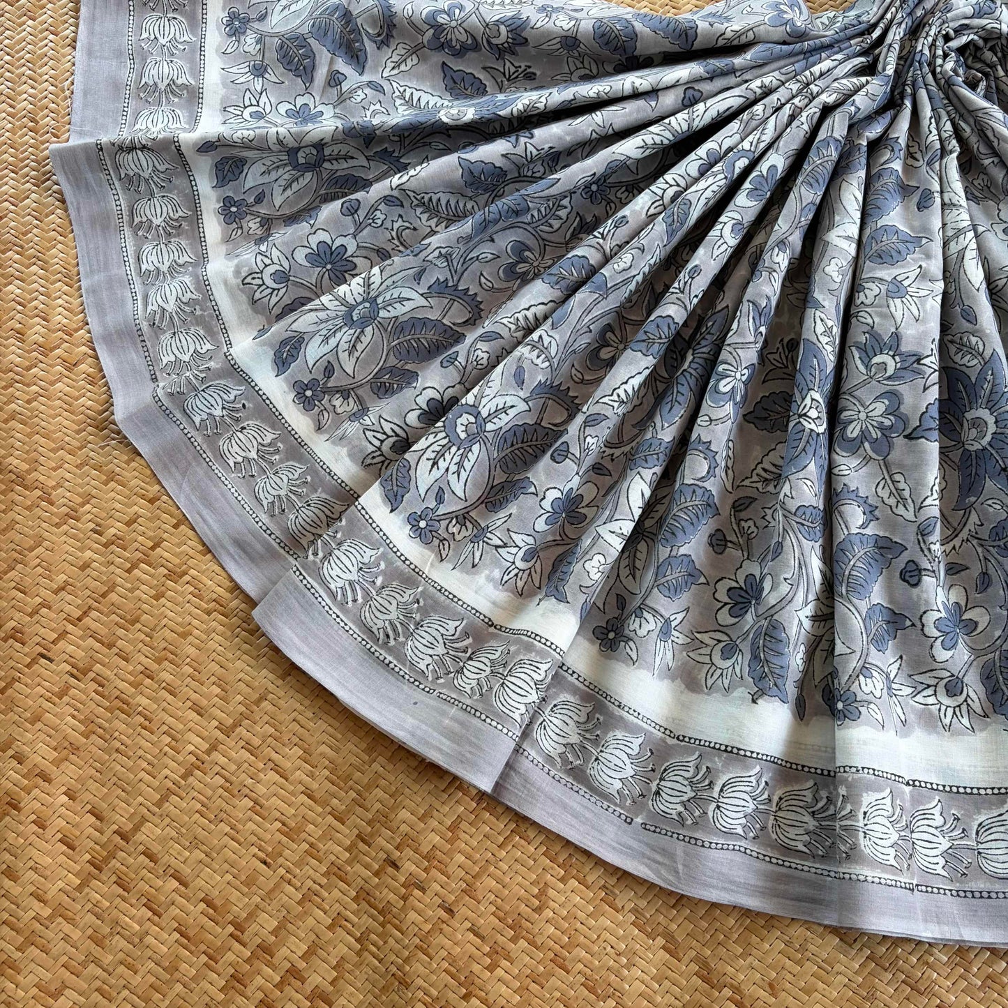Mul Mul Cotton saree, Hand Block Printed, Grey