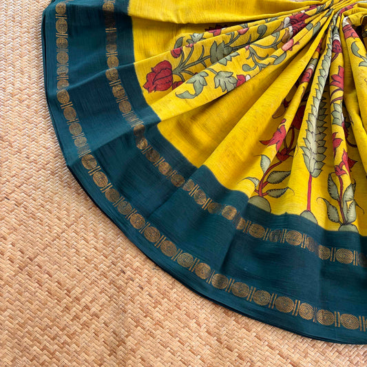 Botanical, Kalamkari Hand Painted on a Madurai Sungudi Cotton saree.