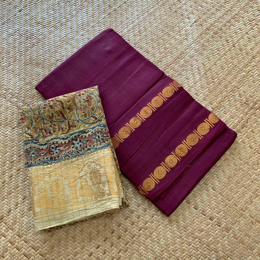 Burgundy Saree With Kalamkari Blouse , Zari Rudraksham Rettai Pettu Border , Clamp dyed (Kattu sayam).
