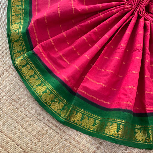 Pinkish Red saree Green Border, Zari Velthari Madurai Sungadi Saree