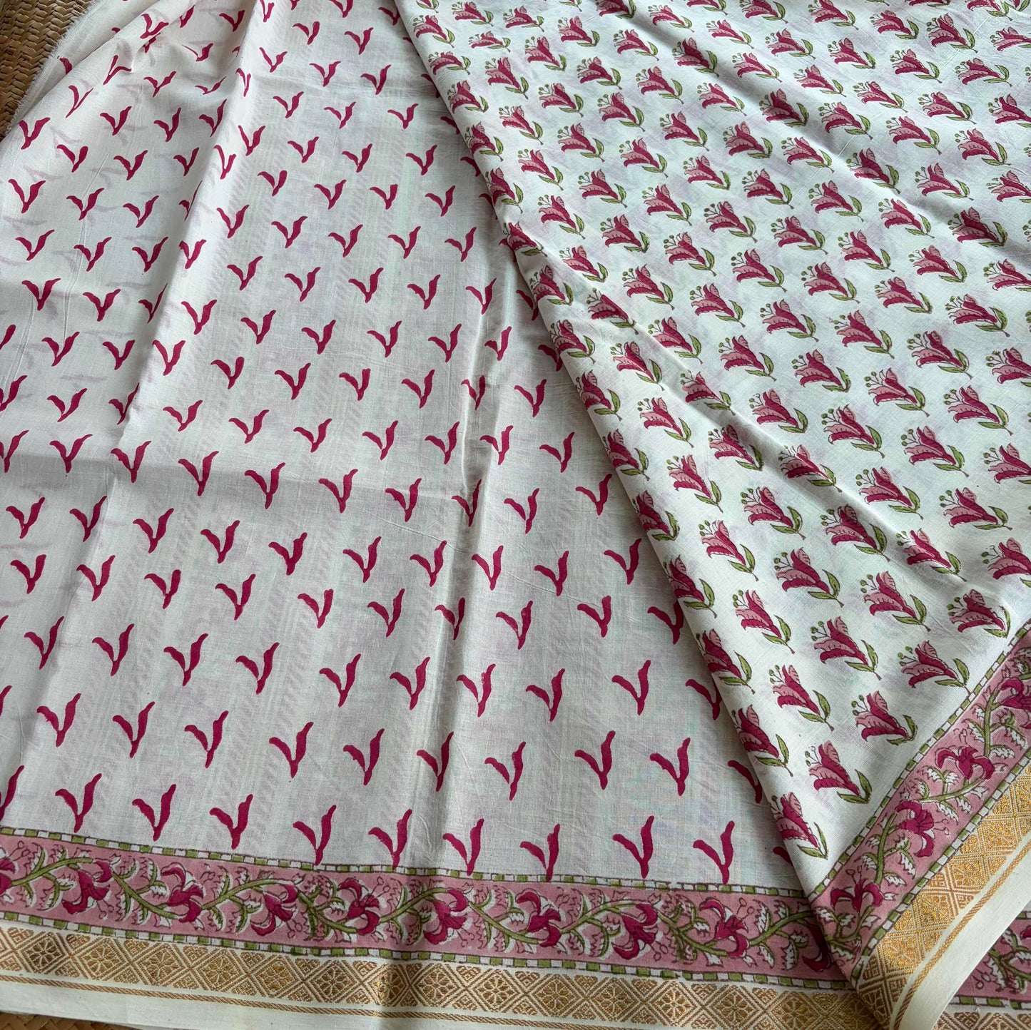 White, Jaipur Hand Block Printed On Madurai Cotton Saree With Zari