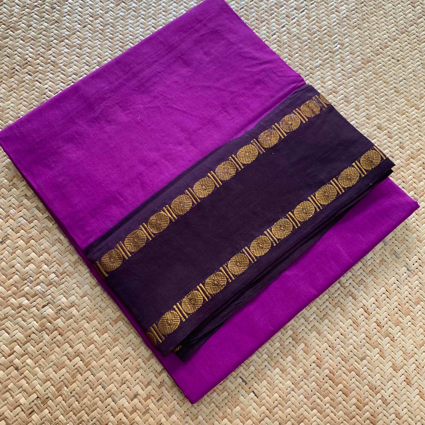 Purple Saree  Beetle Nut brown Border, Zari Rudrasham Rettai Pettu Border , Clamp dyed (Kattu sayam).