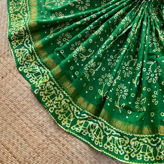 Green Hand Crafted wax print Sungudi Mul Mul Cotton Saree