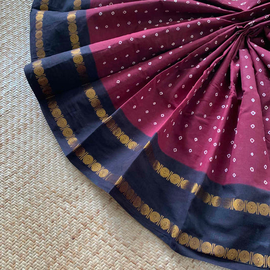 Dark Maroon Saree With Black Border, Hand knotted Sungudi On a Rudraksham Border Cotton saree, Kaikattu Sungadi