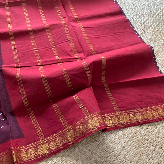 Brown With Red Wax Print, Half Fine Zari Premium Sungudi Cotton Sarees
