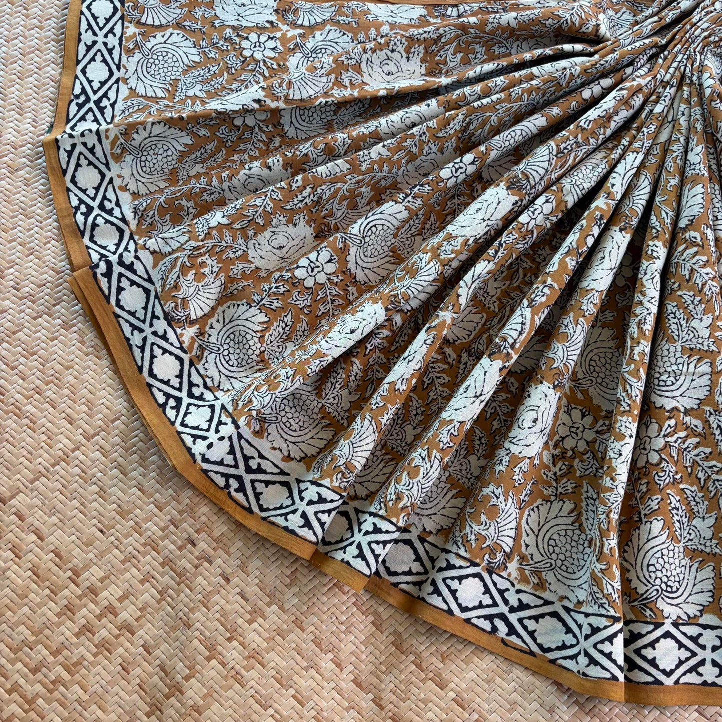 Mul Mul Cotton saree, Hand Block Printed, Mustard