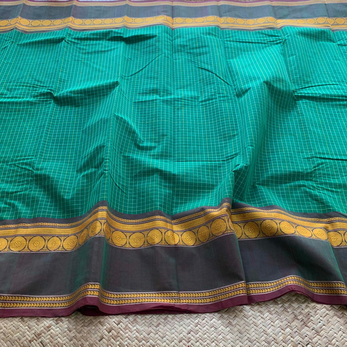 Kanchipuram Cotton Saree, Handwoven Green Saree With Grand Pallu