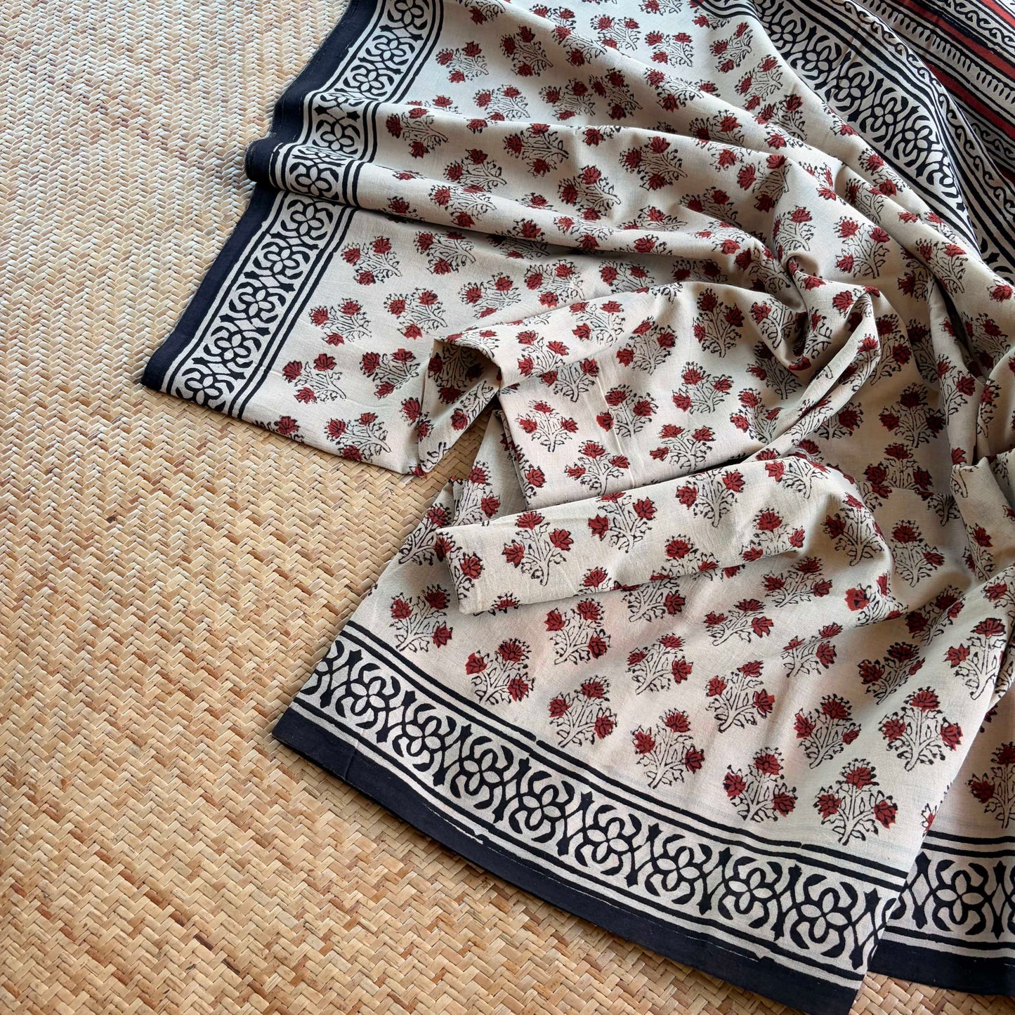 Mul Mul Cotton saree, Hand Block Printed, Beige