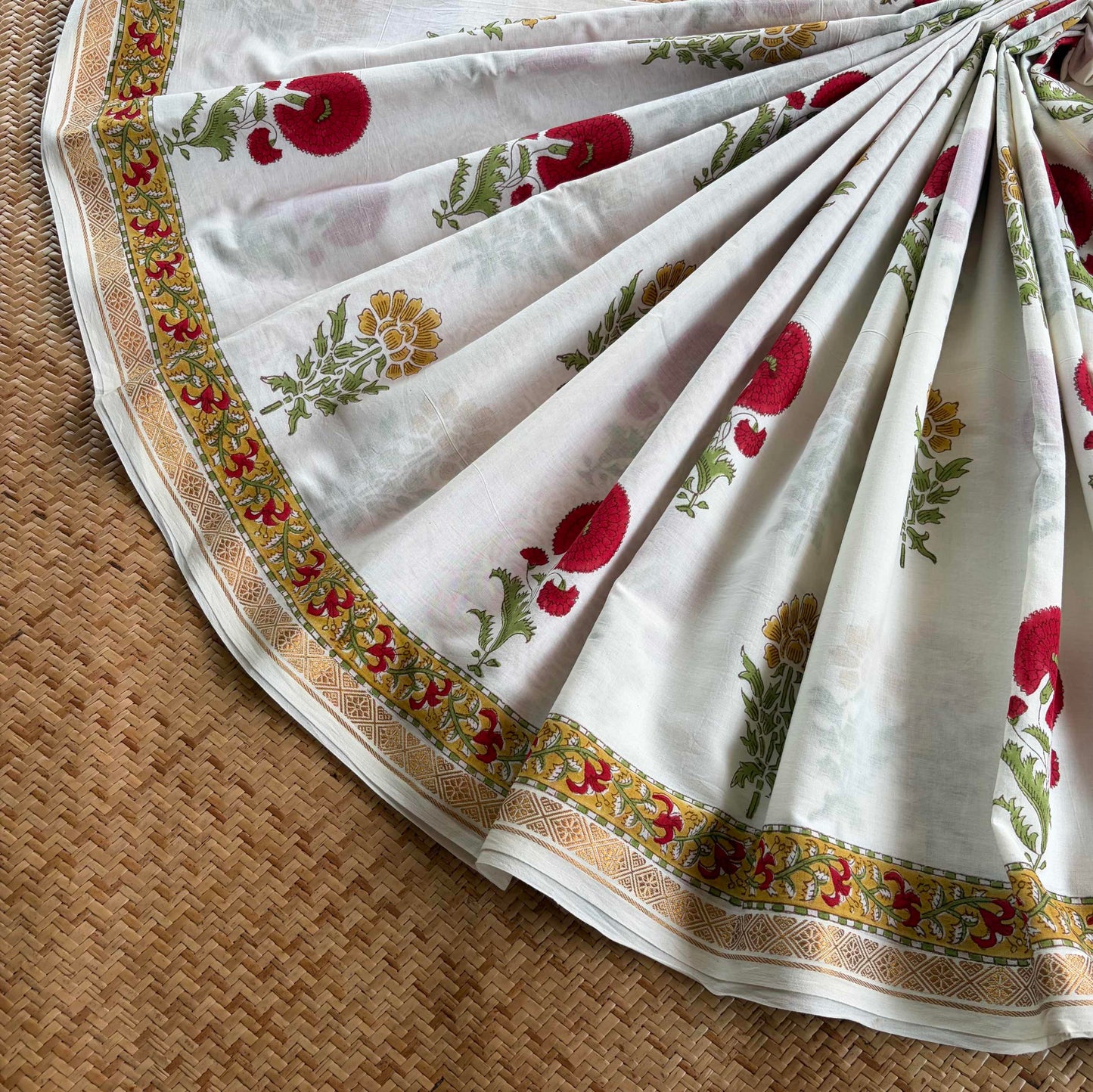 White, Jaipur Hand Block Printed On Madurai Cotton Saree With Zari