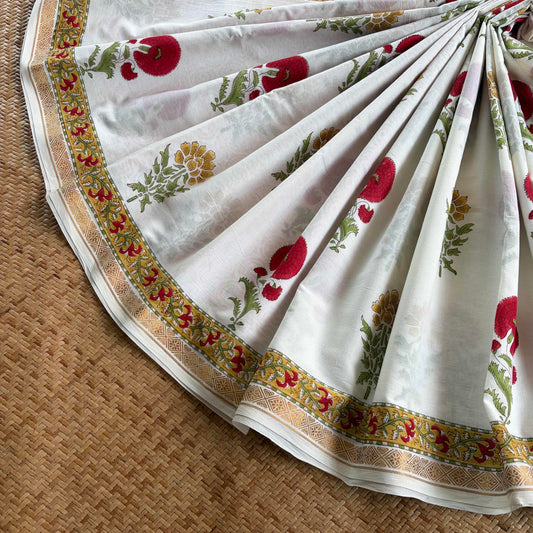 White, Jaipur Hand Block Printed On Madurai Cotton Saree With Zari