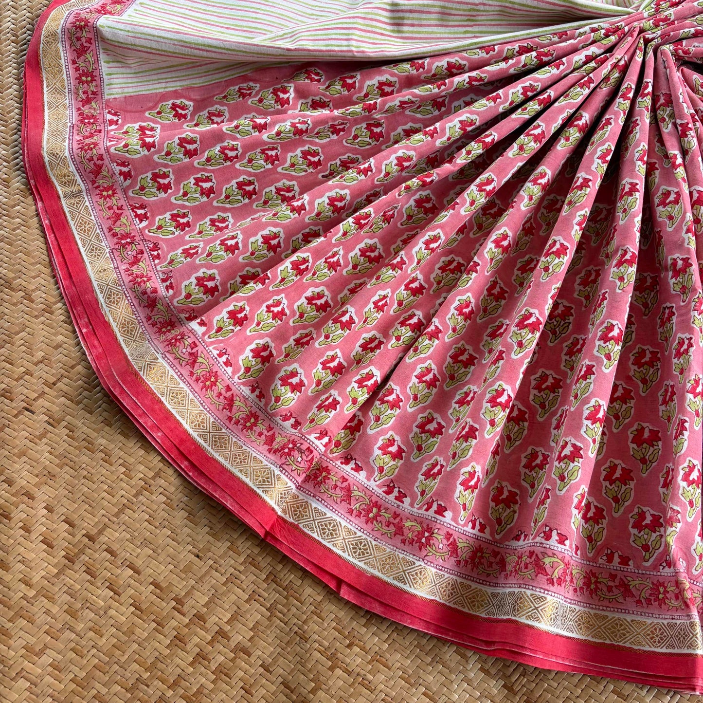 Pink, Jaipur Hand Block Printed On Madurai Cotton Saree With Zari