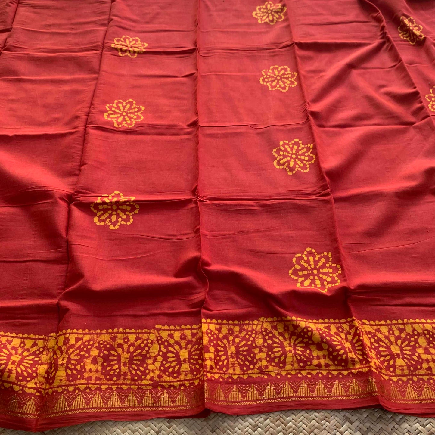 Brown Hand Crafted wax print Sungudi Mul Mul Cotton Saree