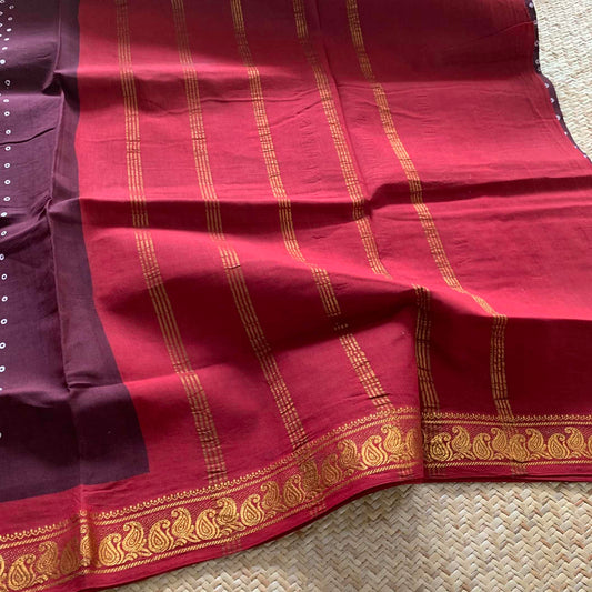 Brown With Red Wax Print, Half Fine Zari Premium Sungudi Cotton Sarees