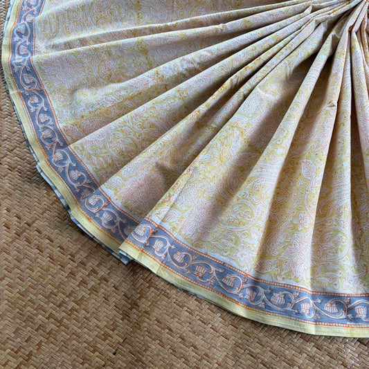 Mul Mul Cotton saree, Hand Block Printed, Butter Yellow