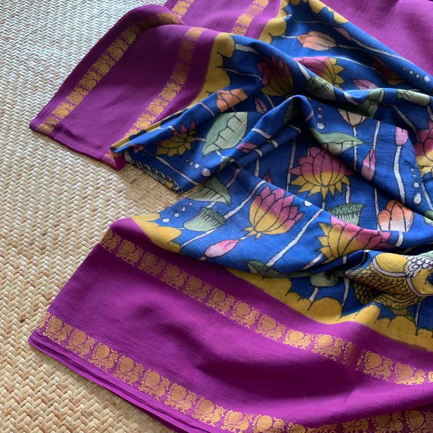 Indian Mermaid Kalamkari Hand Painted on a Madurai Sungudi Cotton saree.