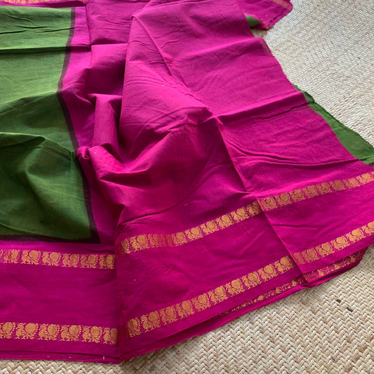 Green Saree With Pink Border, Zari Annam Rettai Pettu Border , Clamp dyed (Kattu sayam).