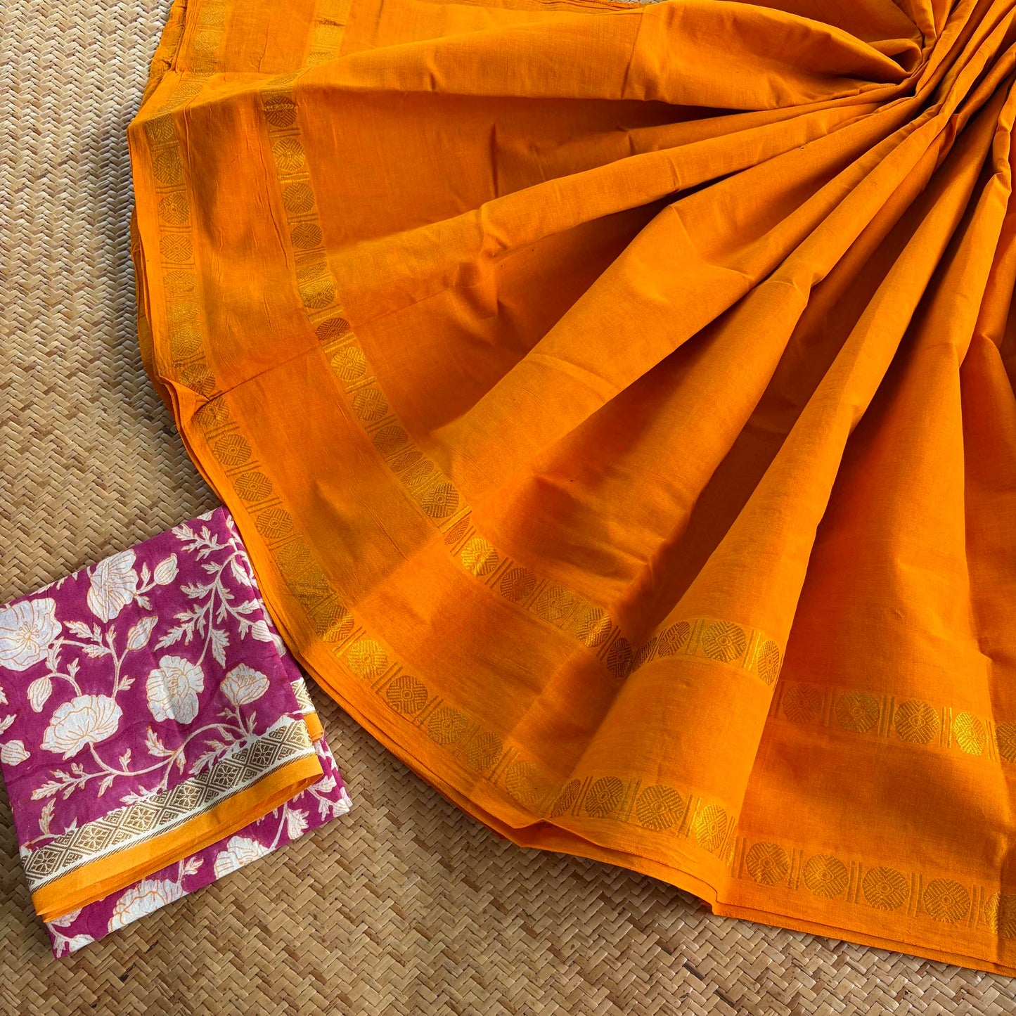 Yellow Saree With Hand Block Printed Blouse , Zari Rudraksham Rettai Pettu Border , Clamp dyed (Kattu sayam)