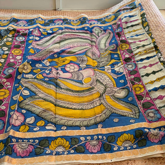 Green Kalamkari Hand Painted on Cotton Sungudi Saree With Blouse