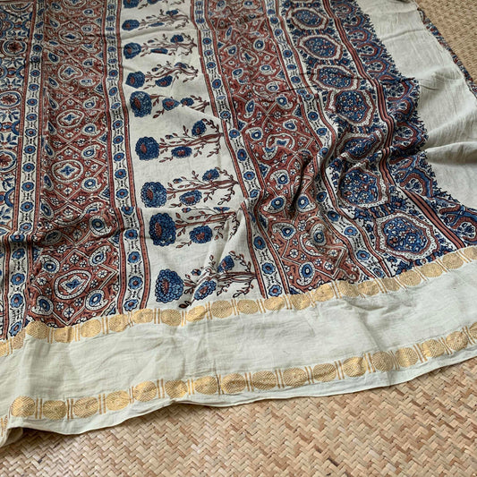 Cream, Ajrak Hand Block Printed On Madurai Cotton Saree With Zari